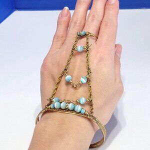 Vintage Light Blue Beaded Metal Hand Chain Bracelet